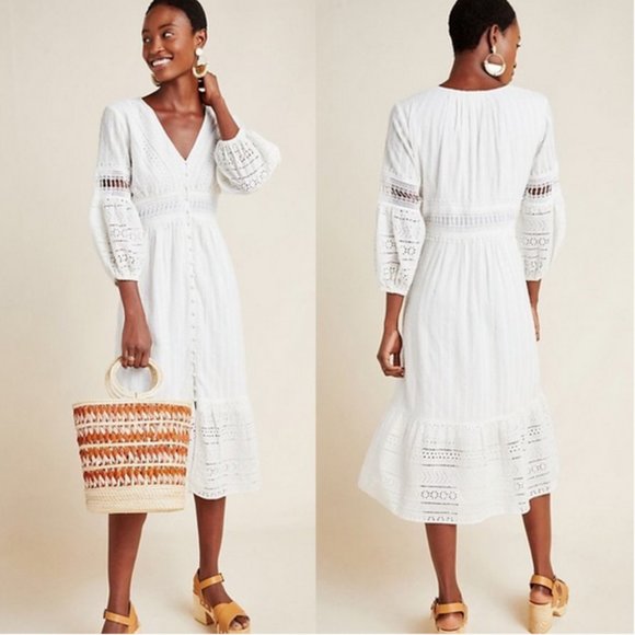 SOLD ANTHROPOLOGIE Eyelet Midi Dress White sz 6 - Picture 2 of 11